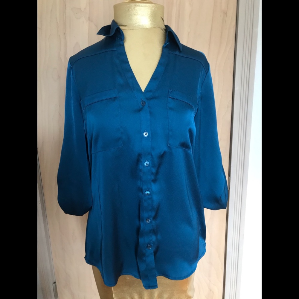 Express Blue Slim Fit Satin Portofino Shirt